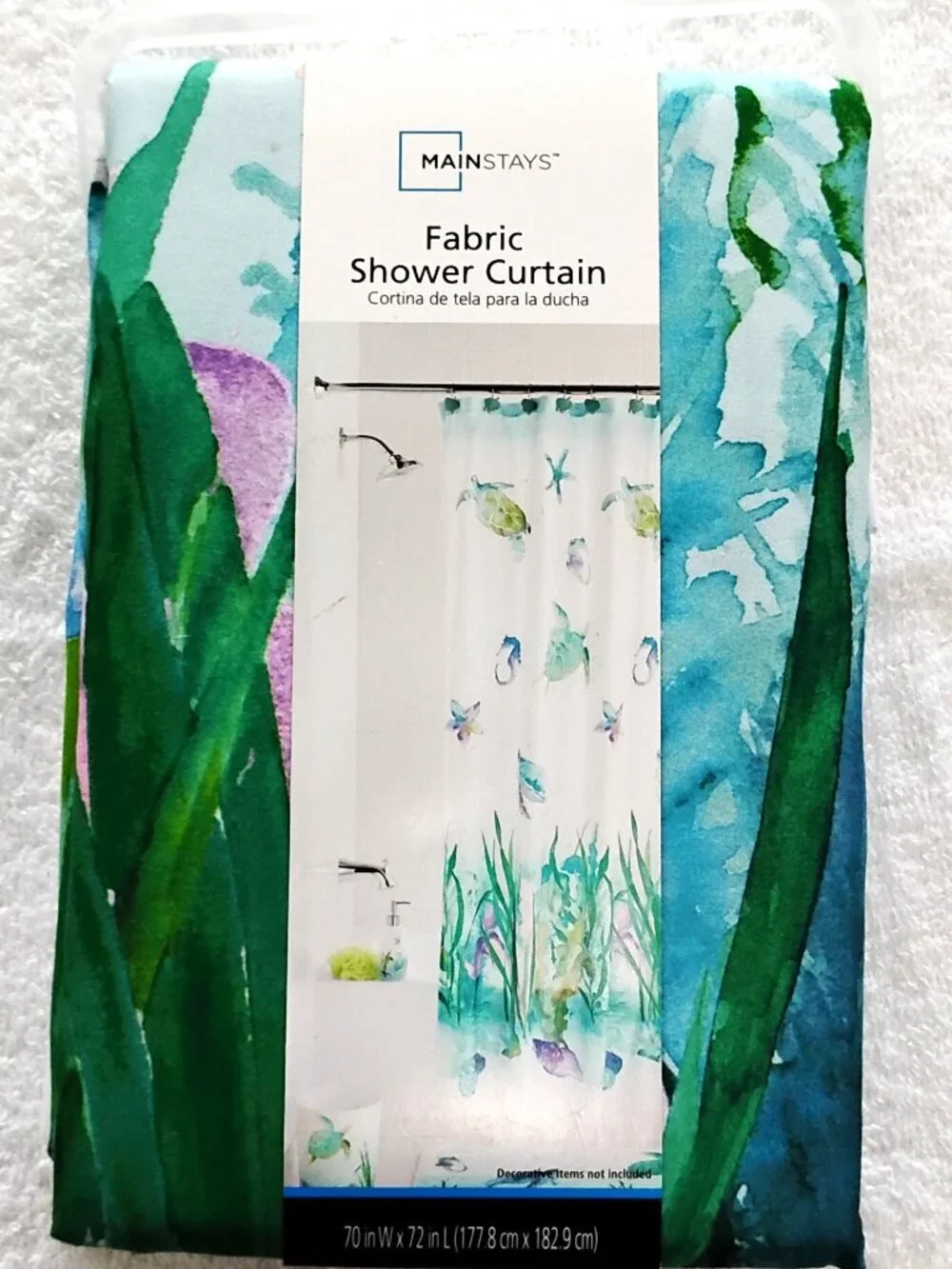 NWT Fabric Shower Curtain Watercolor Teal Blue OCEAN Life 70
